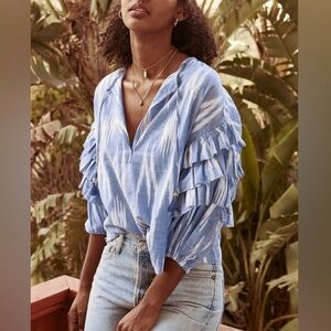 SAYLOR Sommer Top Cotton Ruffle Layered Sleeve Blouse Blue Small